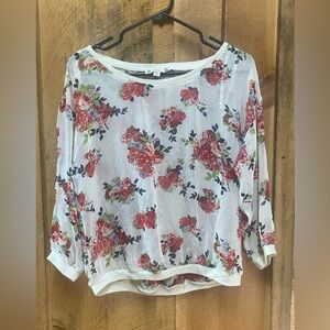 Iris Sheer Floral Blouse‎ White Red Rose Print Lightweight Top XL